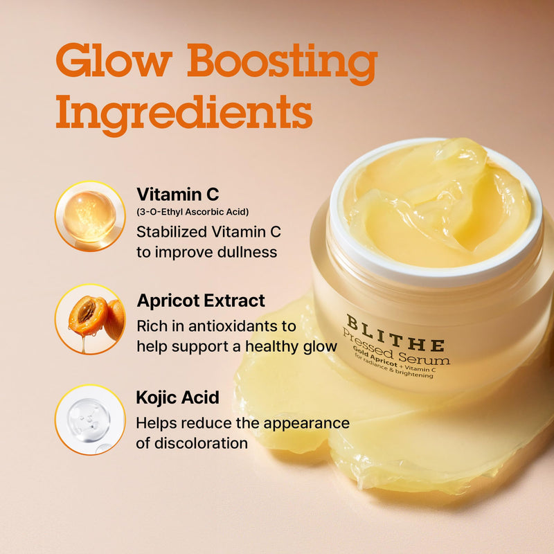 BLITHE Pressed Serum Gold Apricot With Kojic Acid & Vitamin C | Glow Serum for Face | Glass Skin Korean Skincare & Face Moisturizer for Dry Skin, 0.91 fl oz 0.91 Fl Oz (Pack of 1)