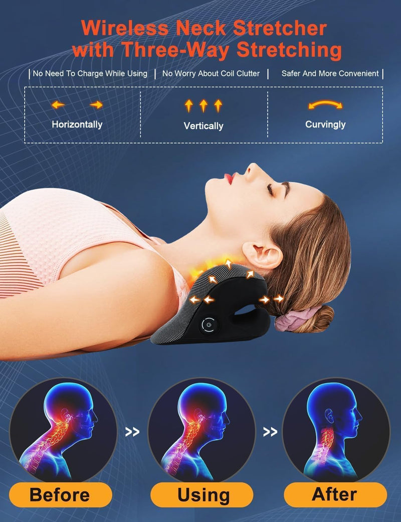 [Australia] - Wireless Heated Neck Stretcher for Pain Relief, Portable Cordless Neck Shoulder Cervical Traction Device with Graphene Heating Pad No Smell Magnetic Therapy Case Relaxer for TMJ Migraine Spine Alignme Black 