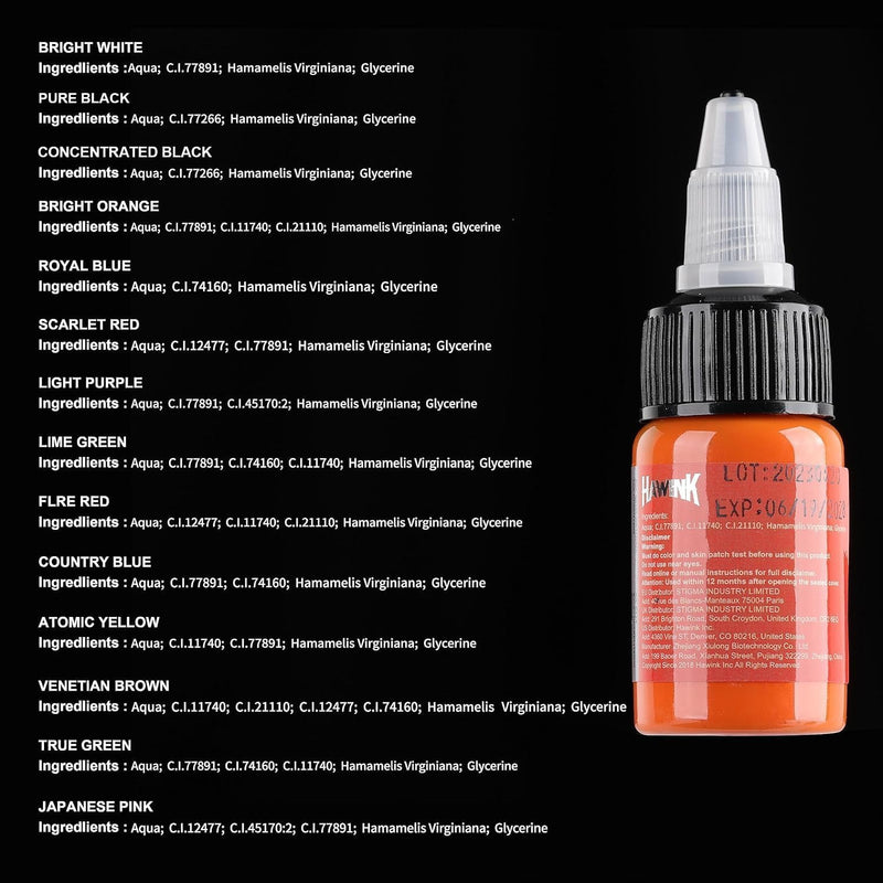 [Australia] - Hawink Tattoo Ink Set 1/2 oz (15ml) Tattoo Supply 14 Colors Pigment Kit Ink USA TI203-15-14 0.5 Fl OzÔºà14-BottlesÔºâ 