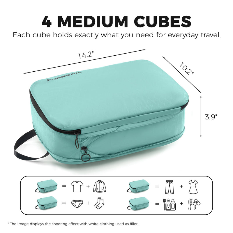 4 Pack Ultralight Compression Packing Cubes for Travel, Cyan | 100D Composite Nylon, Translucent Design, Water Repellent and Tear-resistant, Odor and Dust Protection, Compression Reliable 4 Pack