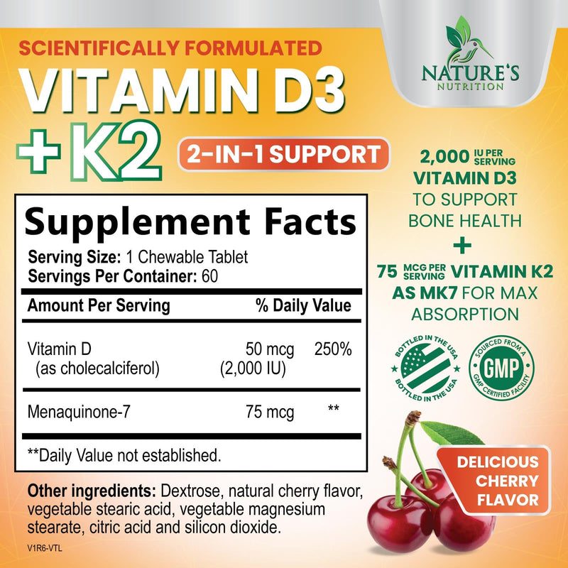 Vitamin D3 K2 Supplement - 2000 IU D3 Per Serving - Extra Strength MK-7 K with Vitamin D3 - For Immune Support, Heart, Teeth & Bone Health - Easy to Swallow D3K2 Chewable, Berry Flavor - 60 Tablets 60 Count (Pack of 1)