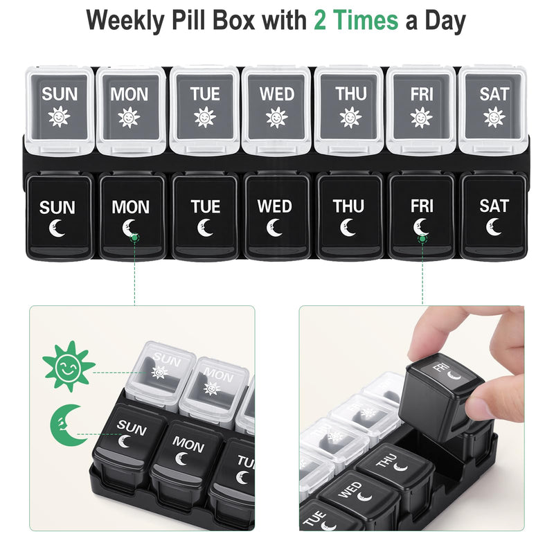 Weekly Pill Organizer 2 Times a Day,Magnetic Pill Case for Fridge-Black | 7-Day AM/PM Medicine Planner with 14 Detachable Compartments, Easy Open for Big Vitamins, Supplements, Medication Black+white