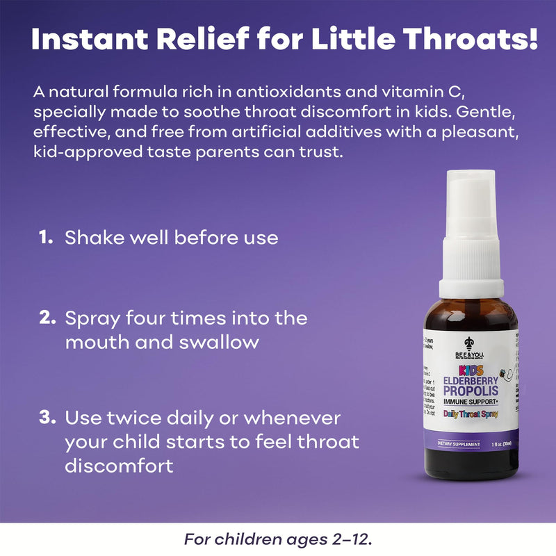 Bee and You Kids Throat Spray with Propolis and Elderberry, Immune Support Supplement for Kids, Kids Vitamins, Immune Defense Spray, 1 fl oz.