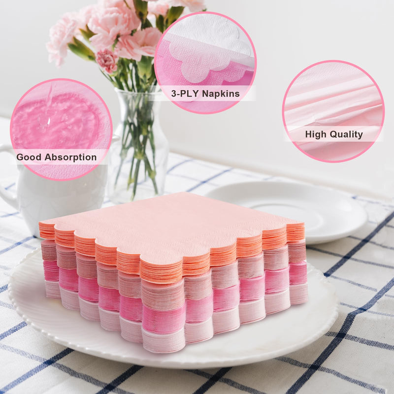 [Australia] - 100 Pink Scalloped Cocktail Napkins, 3 Ply 5 x 5 Inch Beverage Napkins Gradient Color Paper Napkins Disposable Luncheon Napkins for Wedding Birthday Party Bridal Anniversary Baby Shower 