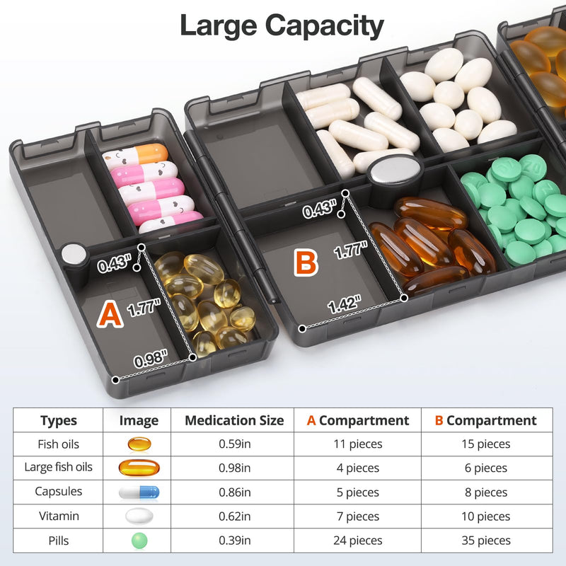 FYY Weekly Pill Organizer 2 Times a Day, Travel Pill Box 7 Day -Clear Black | AM PM Pill Case,Easy to Use,Privacy Protection,Magnetic Medicine Pill Organizer for Medication,Vitamins,Fish Oils,Supplements Clear Black Closed size: 4.9 x 3.9 x 1.2 Inch