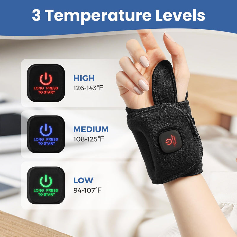 [Australia] - Wrist Heating Pad, Heated Wrist Wrap for Arthritis Carpal Tunnel Tenosynovitis Relief, 3 Temperature Levels with 3000 mAh Rechargeable Battery (Black) 