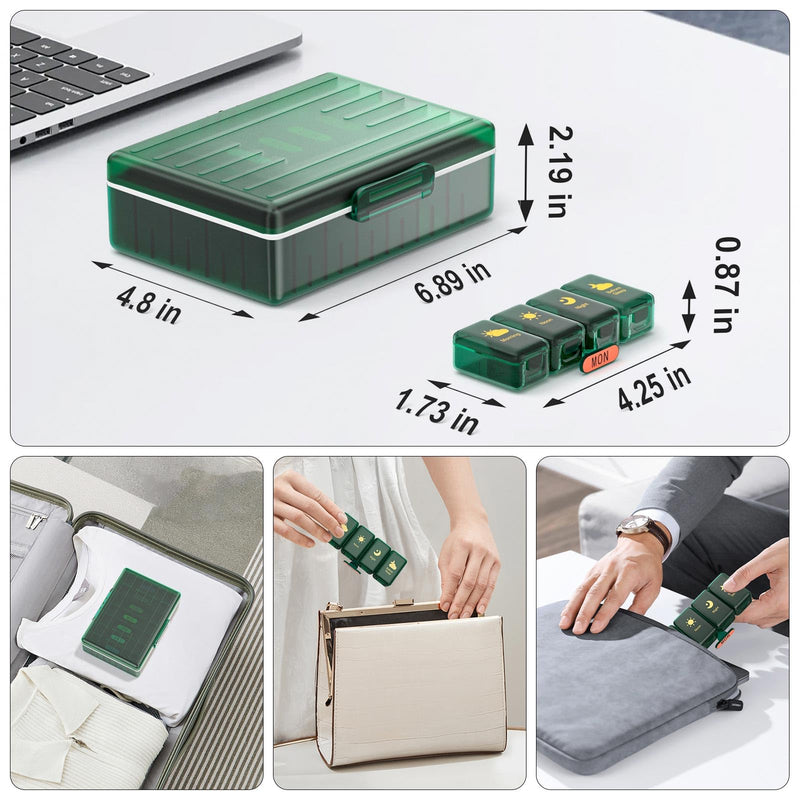 Weekly Pill Organizer 4 Times a Day, Large Compartments Pill Box 4X 7 Day, Medicine Organizer Pill Case for Pills/Vitamins/Fish Oils/Medication/Supplements (4x7 Dark Green) 4 Times x 7 Days