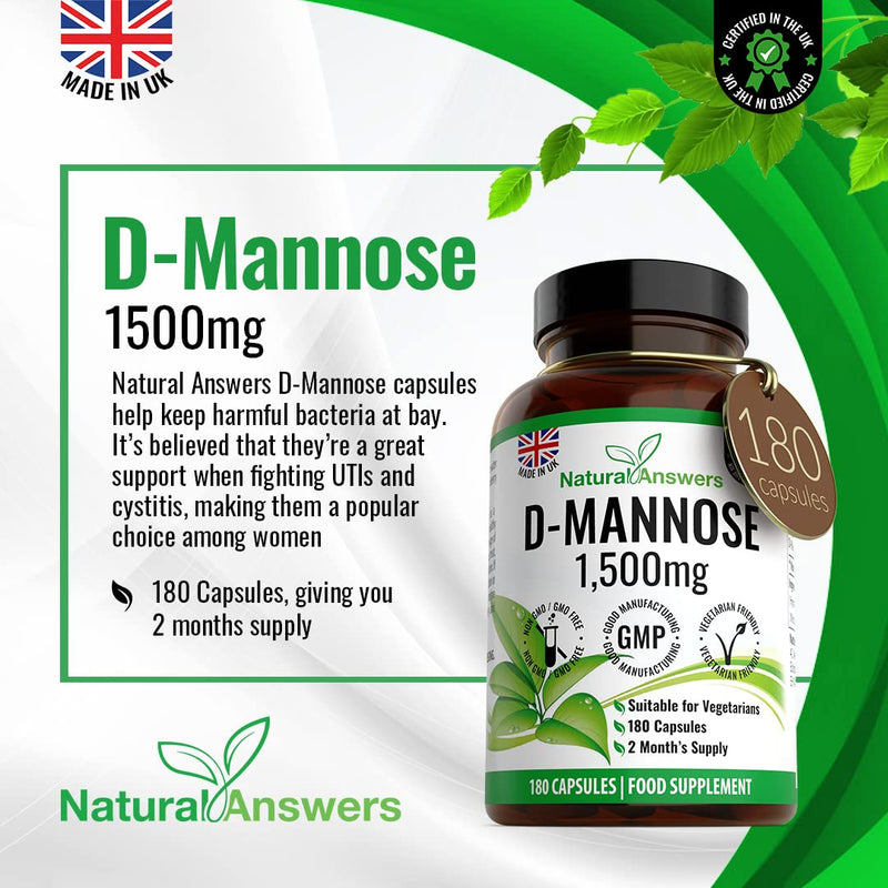 D-Mannose 180 Capsules - Max Strength 1500mg per Serving - Precision DMannose - Vegetarian Capsules not Tablets or Pills, Made in The UK (180 Count (Pack of 1)) 1 count (Pack of 1)