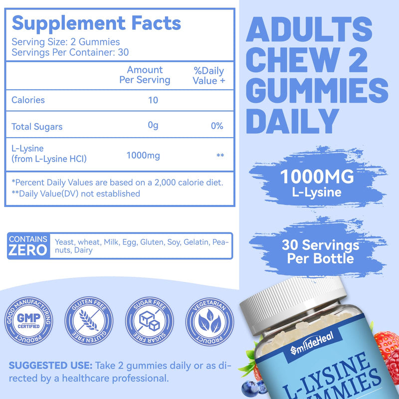 [Australia] - L-Lysine 1000mg Gummies, Chewable Lysine Supplement for Adults, Immune Support, Collagen Formation Support, Non-GMO, Vegan, Gluten Free - 60 Counts 