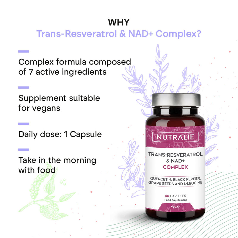 Trans Resveratrol NAD+ 686mg Complex - Quercetin Piperin Grapeseed and L-Leucine - 60 Capsules Nutralie