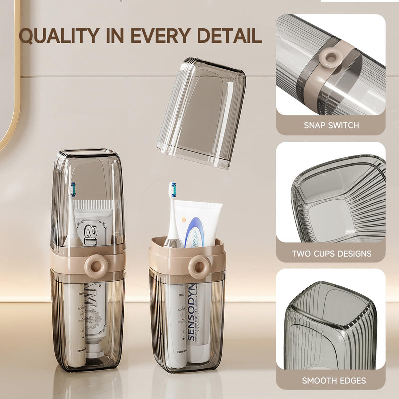 [Australia] - Toothbrush Travel Case, 2 in 1 Toothbrush Holder and Rinse Cup, Large Capacity Toothbrush Cup with Cover, Portable Travel Toothbrush Holder for Traveling, Camping, Trip - 1Pcs - Beige&Clear Clear 