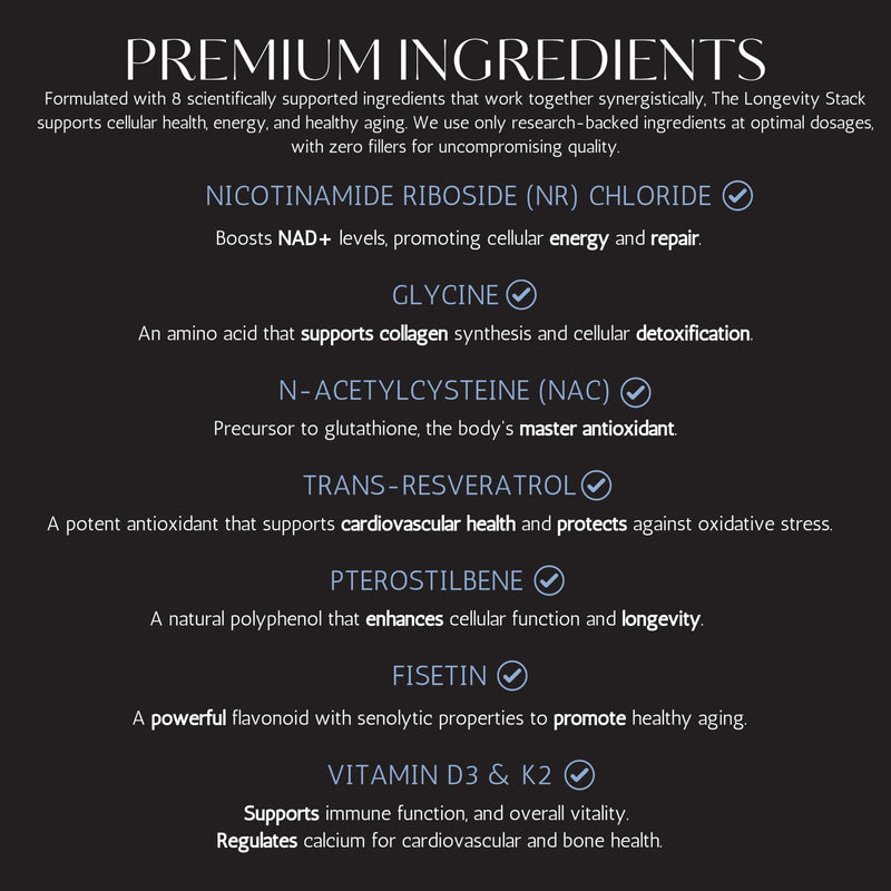 Longevity - Anti-Aging NAD+ Supplement with Nicotinamide Riboside, Glycine, NAC, Trans-Resveratrol, Pterostilbene, Fisetin & Vitamin D3/K2 for Cellular Health, Energy, and Vitality – Premium Formula