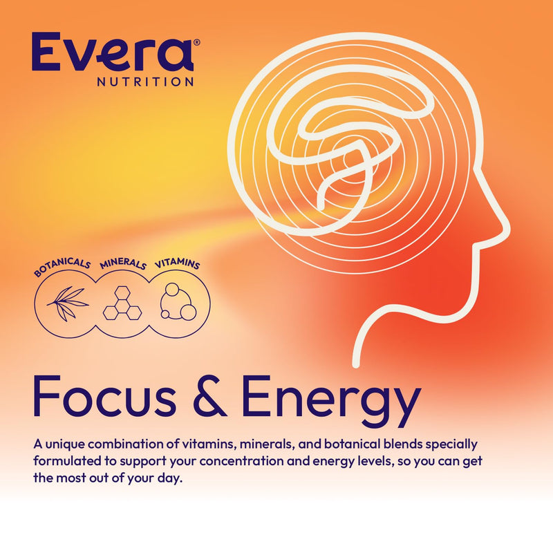 Focus & Energy, 60 Capsules | Supports Concentration, Memory & Cognitive Function | Helps Reduce Tiredness & Fatigue | 7 Botanicals + 15 Essential Vitamins & Minerals