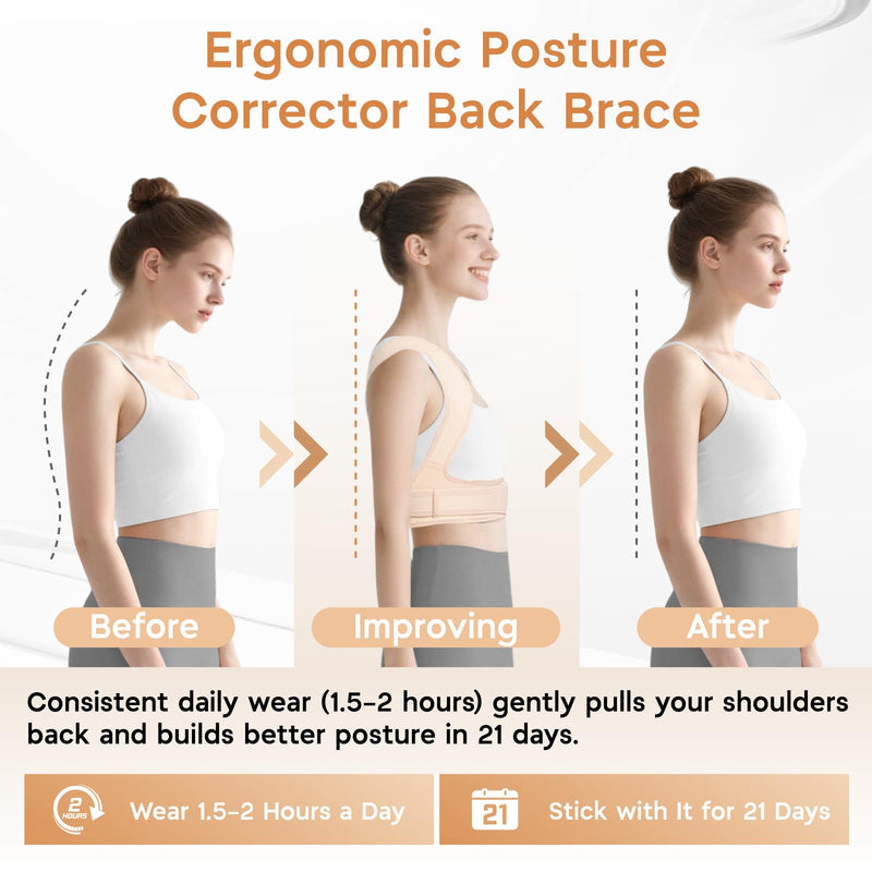 Back Brace Posture Corrector for Women and Men, Adjustable Upper Back Support with Shoulder Brace & Back Straightener, Relief for Clavicle, Neck & Shoulder Pain (Small, Beige) S