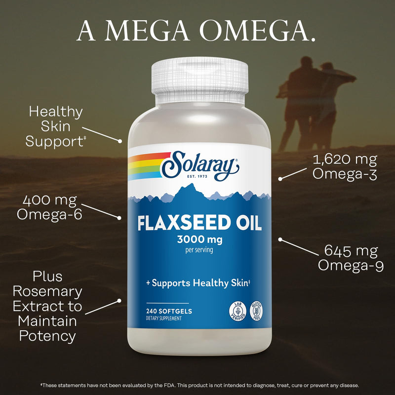[Australia] - SOLARAY Flaxseed Oil 3000 mg with Omega 3 6 9, Flax Seed Softgels for Skin Health, Triple Omega Supplement, Non-GMO, Gluten Free, Lab Verified - 60-Day Guarantee - 80 Servings, 240 Softgels 240 Count (Pack of 1) 