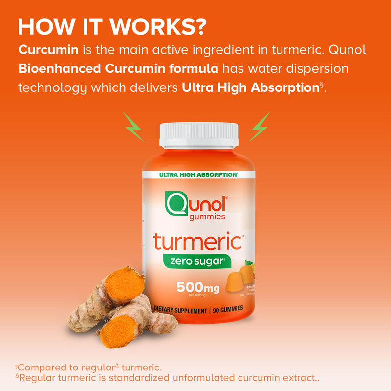[Australia] - Qunol Zero Sugar Turmeric Gummies, Gummy with 500mg Turmeric Curcumin, Joint Support Supplement, Ultra High Absorption Tumeric Curcumin, Vegetarian, Gluten Free, 90 Count 90 Count (Pack of 1) 