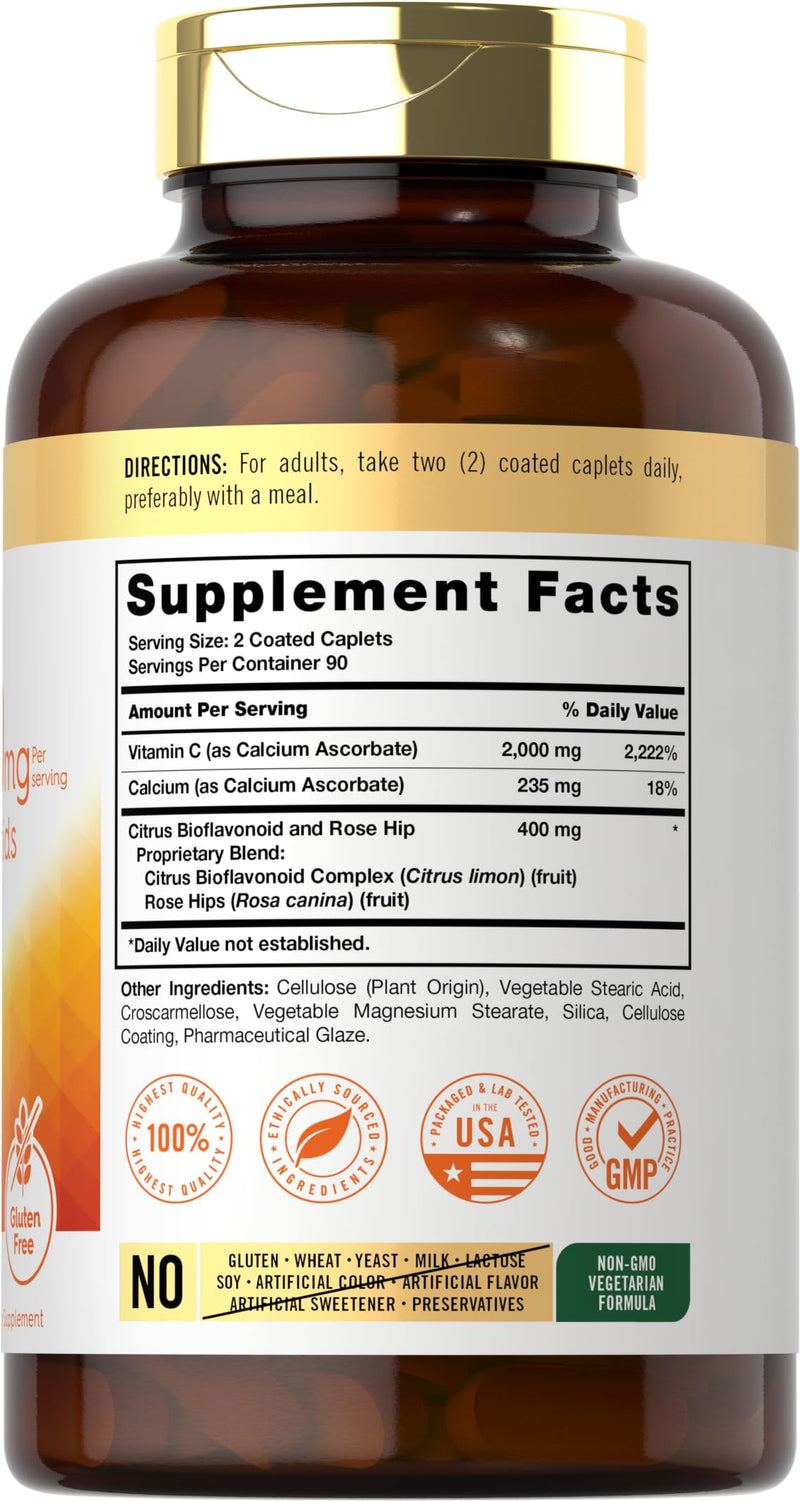 Carlyle Buffered Vitamin C | 2000mg | 180 Caplets | with Bioflavonoids and Rose Hips | Vegetarian, Non-GMO, and Gluten Free Supplement