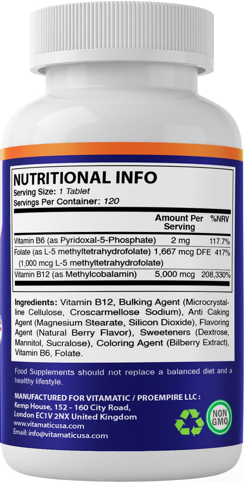 Vitamatic Methyl Folate & B12 Supplement with Pyridoxal 5 Phosphate (P-5-P) - Promotes Cardiovascular Health & Energy Metabolism - 120 Fast Dissolve Tablets - Non GMO & Gluten Free