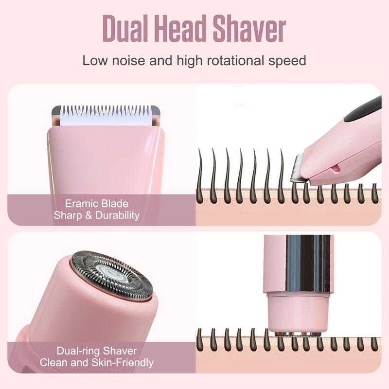 [Australia] - 2 in 1 Bikini Trimmer for Women Dual Head Electric Shaver,IPX7 Waterproof Wet & Dry, Painless Shaver for Body Face Private Area Pink Pink（new Version） 