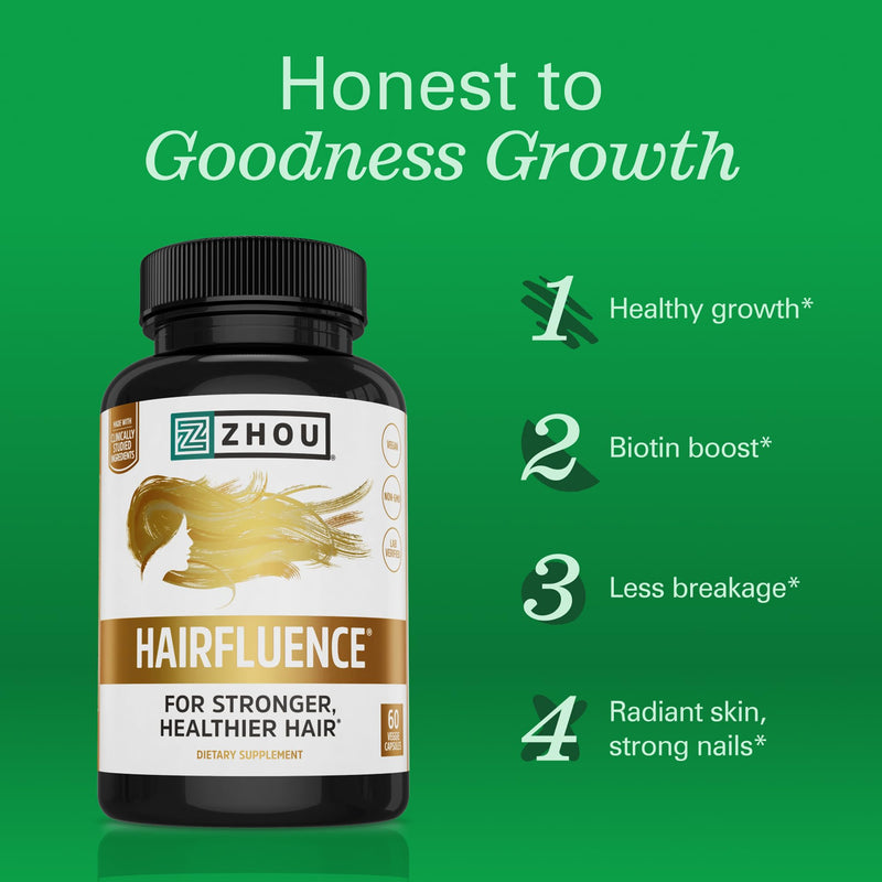 Zhou Hairfluence Supplement - 60 Veggie Capsules (Pack of 1) | Vegan Biotin Supplement for Hair Growth for Men & Women, Supports Stronger & Healthier Hair & Nails 60 Count (Pack of 1)