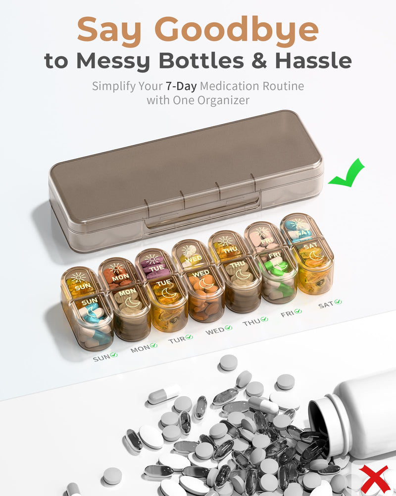 Pillex Weekly Pill Organizer 2 Times a Day, 7-Day AM PM Pill Box, Travel Pill Case, Medicine Pill Organizer for Fish Oils, Vitamins & Supplements Brown