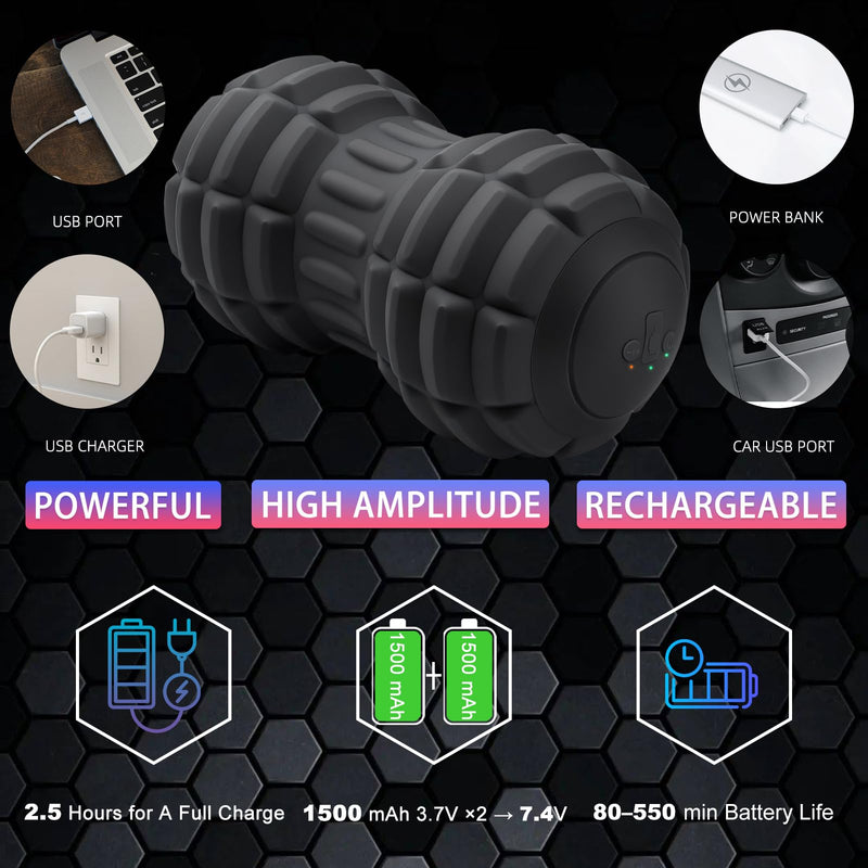 Vibrating Peanut Massage Ball for Plantar Fasciitis, 4-Speed Portable Massage Roller for Foot, Neck, Back, and Body - Deep Tissue Myofascial Release Mobility Ball Muscle Relaxer (Black) Black