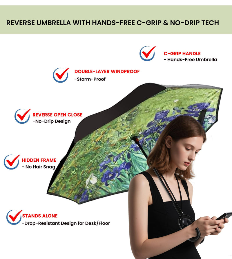 49/56 Inch Inverted Reverse Upside Down Umbrella, Extra Large Double Canopy Vented Windproof Waterproof Stick Golf Umbrellas with C-shape Handle. Irises 49 Inch