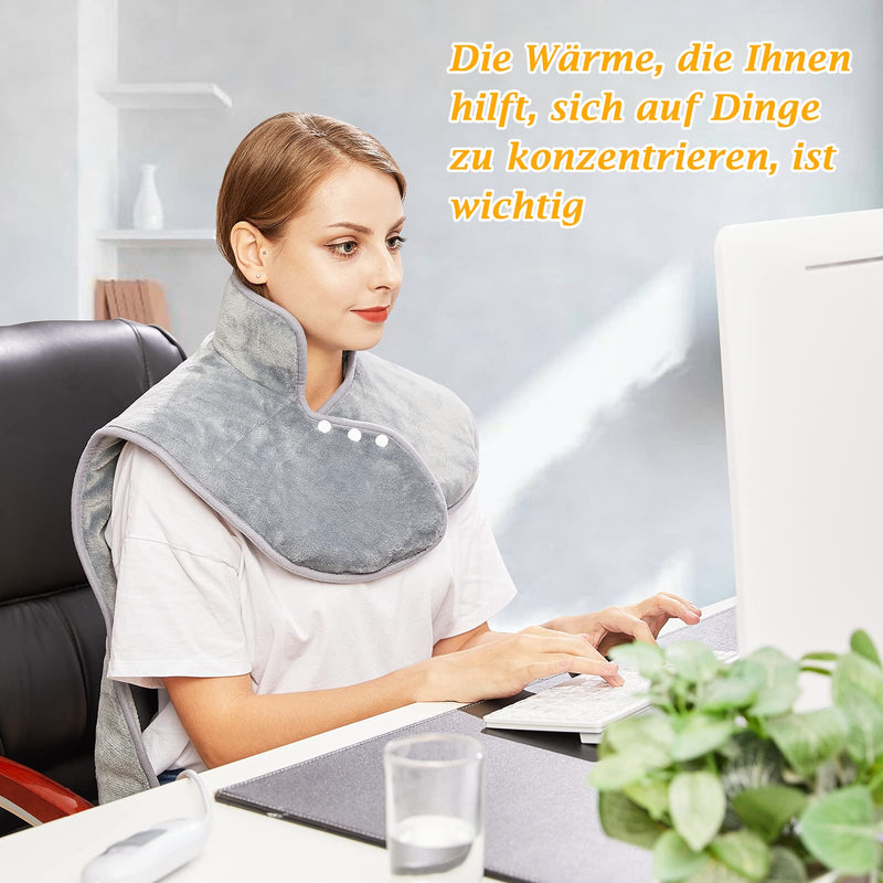 [Australia] - Heating pad for back, shoulder, neck, 60x100cm, heat pad with automatic switch-off, quick heating with waist strap, back warmer 6 heating levels & auto-OFF timer, flannel material, washable, gray 