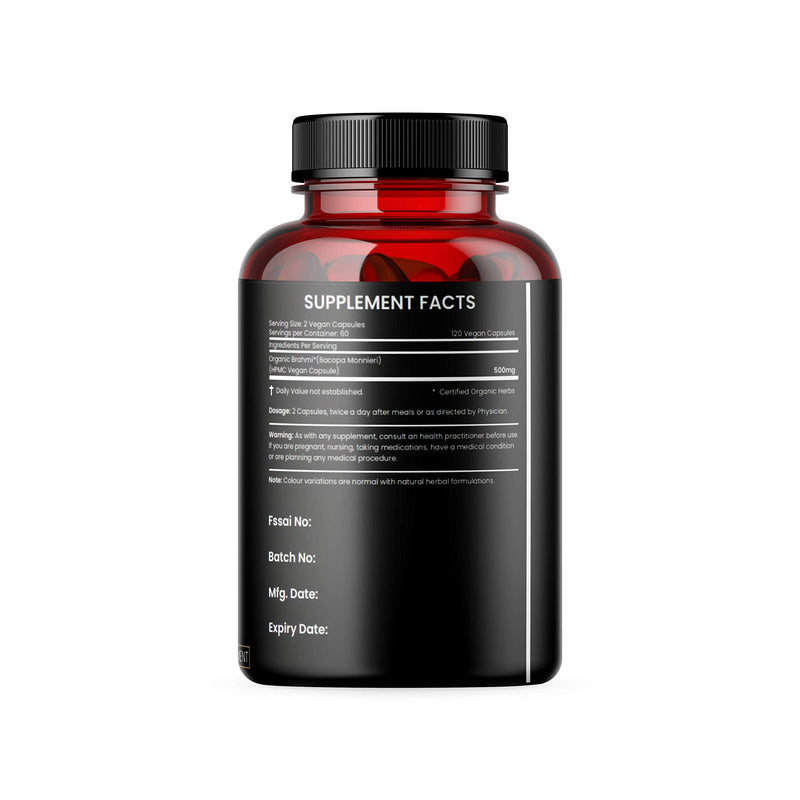 [Australia] - Bacopa, Organic Brain Booster, Nootropic Brain Supplement, Bacopa Monnieri/Brahmi, for Mental Sharpness, Focus, Memory, and Cognitive Wellness, 120 Capsules 500mg, 2 Month Supply 