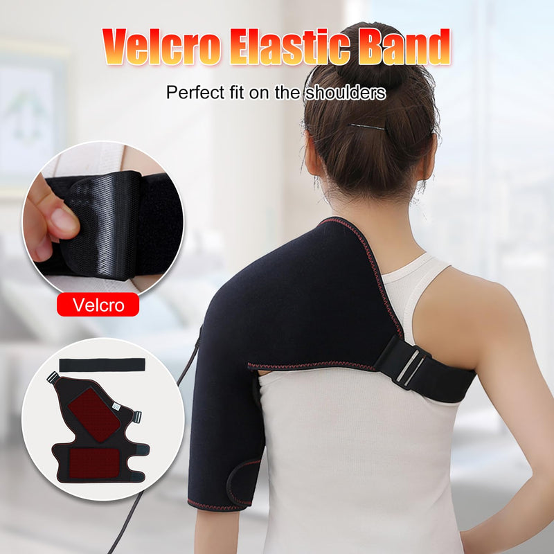 Woolala Heated Shoulder Brace with Massager - Electric Heating Pad | for Right Shoulder Pain Relief & Upper Arm Muscle, Portable Heated Wrap