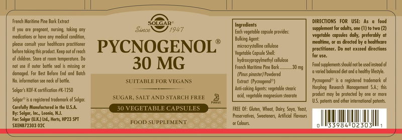 Solgar Pycnogenol 30 mg Vegetable Capsules - Pack of 30 - Improves Vitamin C Absorption - Vegan, Gluten Free and Kosher