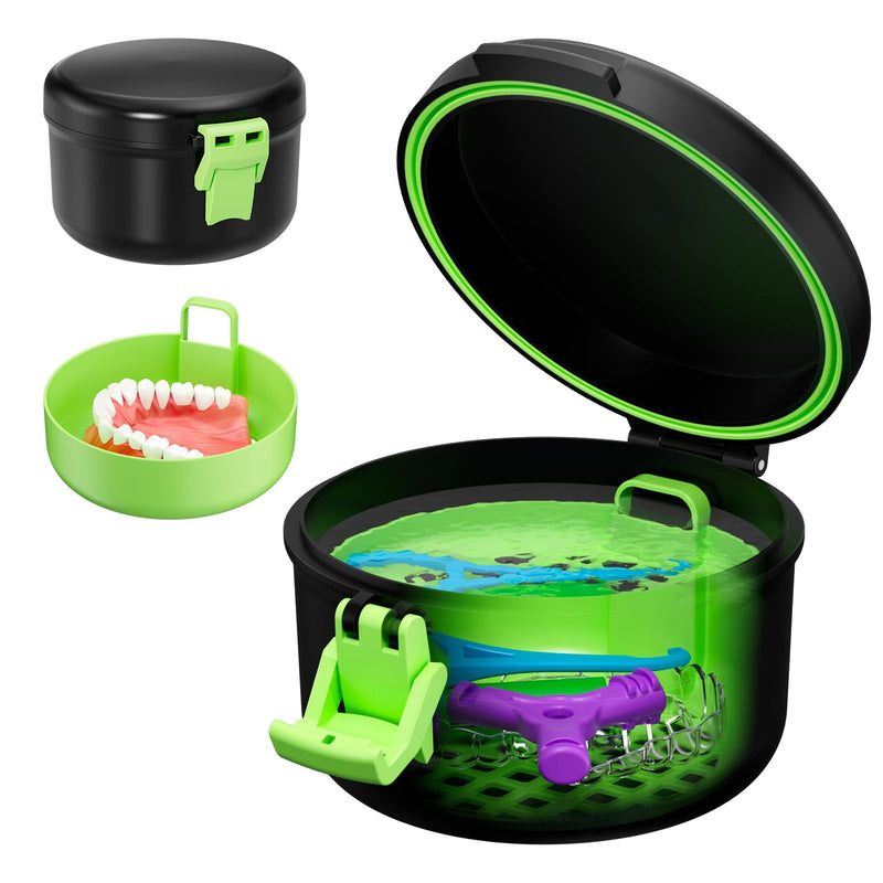 Denture Bath Cup, Leak Proof Denture Case for Travel, False Teeth Container for Soaking Dentures & Retainer, Retainer Cleaner Case, Black+Light Green. Black + Light Green