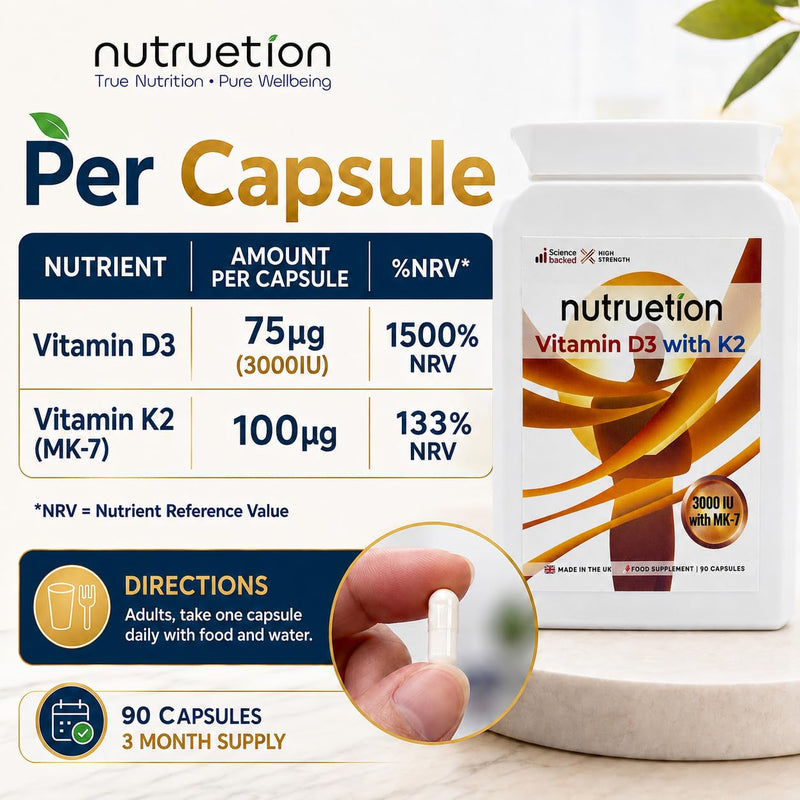 Vitamin D3 3000IU & K2 MK-7 100µg Capsules | High Strength D3 K2 Supplement for Bones, Immune & Muscle Support | 90 Vegetarian Capsules, UK Made, Non-GMO & Gluten Free