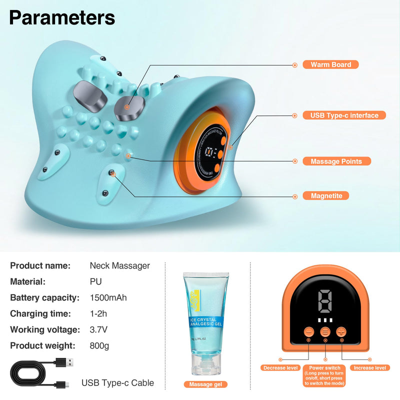 [Australia] - Hugterra Neck Massager 2025, Neck Stretcher Cervical Traction with Heat, 3 Modes, Portable Massage Neck Hump Corrector for Pain Relief and Muscle Relax, 26° Angle Cervical Traction Device Blue 