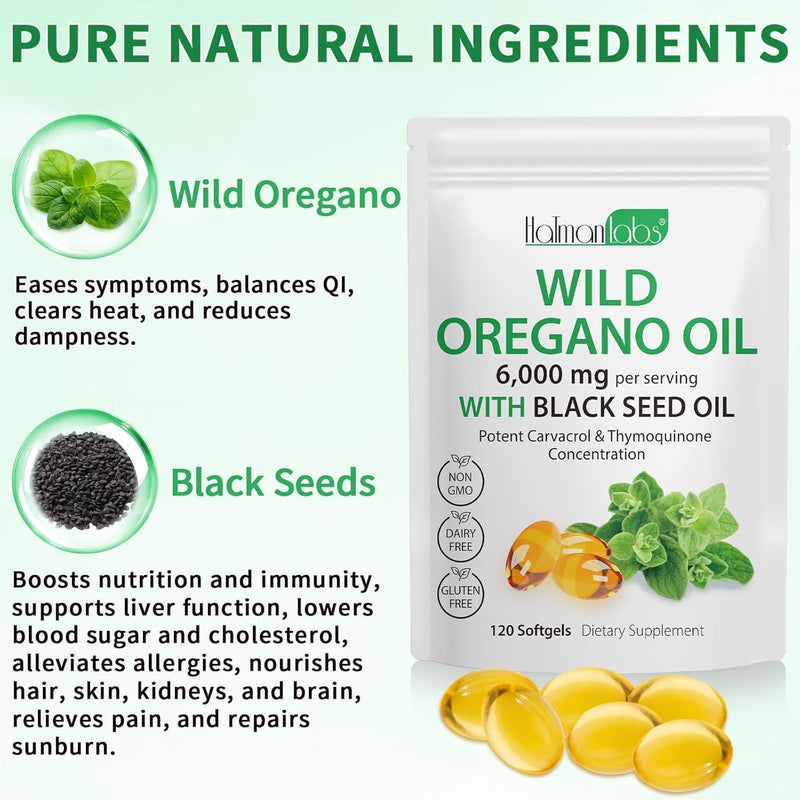 Oil of Oregano with Black Seed Oil, 2 in 1 6000mg Oregano Oil Capsules Organic,165mg Carvacrol, Easy to Swallow, Plant Based, Non-GMO, Gluten Free & Immune Support - 120Count