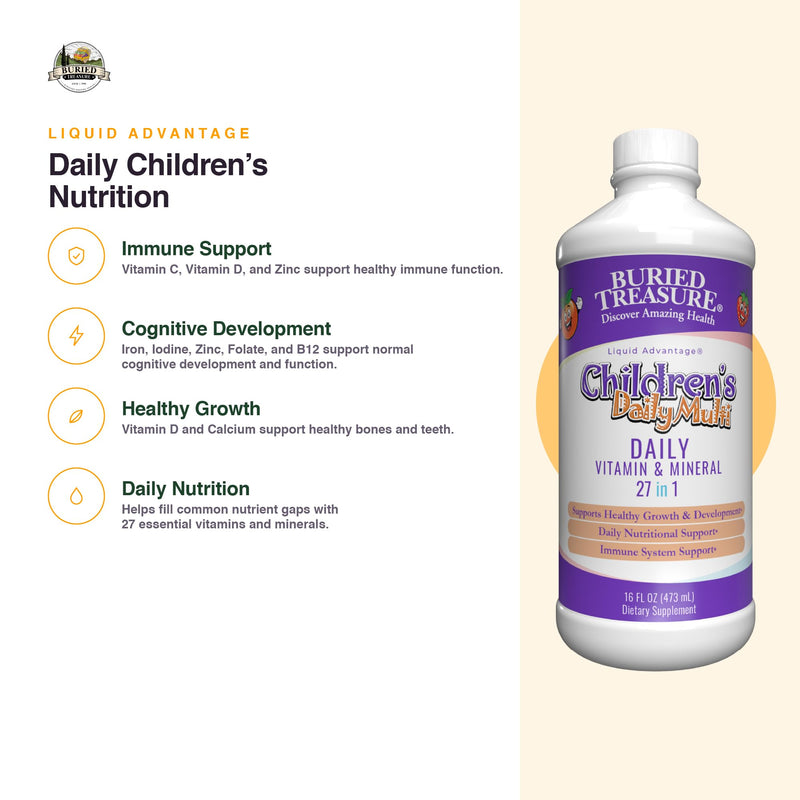 Buried Treasure Children’s Daily Liquid Multivitamin – 27 Vitamins & Minerals with SuperFood Blend – Sugar Free, Vegan, Orange Mango Flavor, 16 fl oz