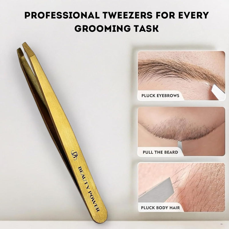 Professional Tweezers in Case - Slant, Durable Lightweight German Stainless Steel, Ultra Precision Tweezers for Eyebrows, Facial Hair, Chin, and Ingrown Hair Removal - Gift (Gold) Gold