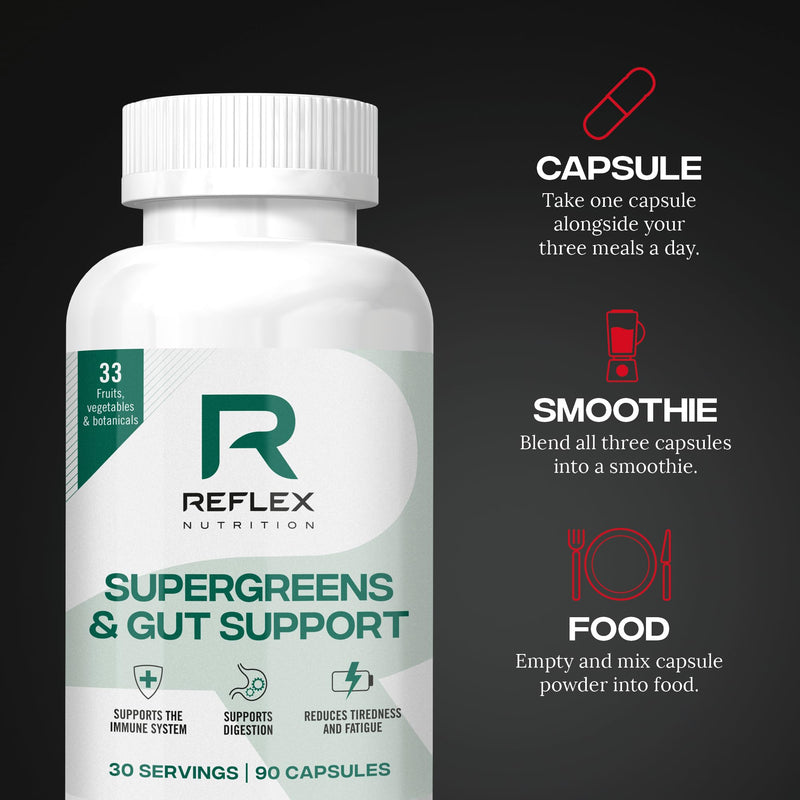 Reflex Nutition Supergreens & Gut Support - 33 Active Ingredients - Prebiotics, Probiotics, Vitamins & Minerals - Immune Support, Reduce Fatigue & Bloating - Vegan Gut Health Supplement (90 Capsules)
