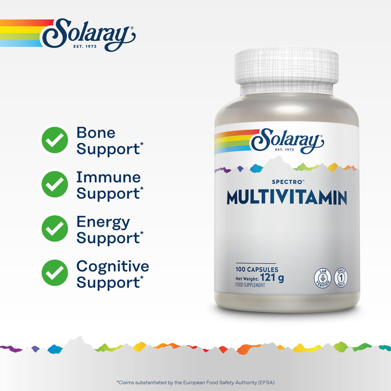 Solaray Multivitamin Spectro for Men & Women - 100 Capsules | 1-A-Day Formula with Iron | 30 Vitamins, Minerals & Botanicals | Bone, Immune & Energy Support