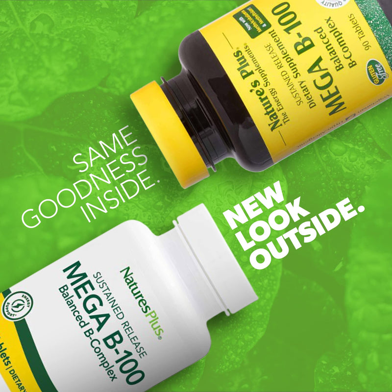 NaturesPlus Mega B-100 Complex - 90 Sustained Release Vegetarian Tablets - Energy & Brain Booster - Gluten Free - 90 Servings 90 Vegetarian Tablets