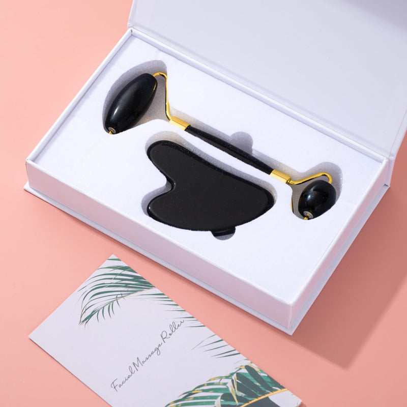 Yssarea Obsidian Roller and Gua Sha - Face Roller | 100% Natural Obsidian Stone Set | Dual Sided Face Massager | Reduces Signs of Aging
