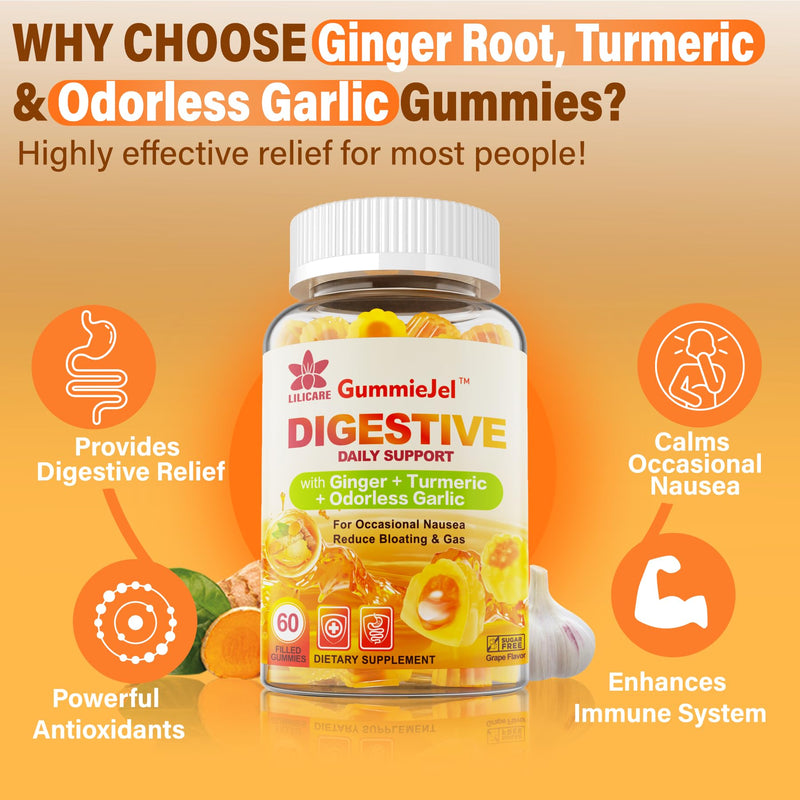 [Australia] - Ginger Chews Supplement Gummies for Nausea, Stomach Relief - Sugar Free with Turmeric & Odorless Garlic, Quercetin, Vitamin D3 C, Ultra Absorption for Digestive Support Occasional Bloating & Gas,1Pack 