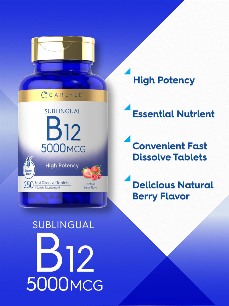 Carlyle B12 Vitamin 5000 mcg Sublingual | 250 Fast Dissolve Tablets | High Potency | Natural Berry Flavor | Vegetarian, Non-GMO & Gluten Free