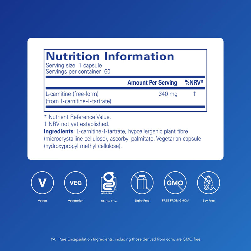 Pure Encapsulations L-Carnitine 340mg - Bioavailable Amino Acid - 60 Vegetarian Capsules