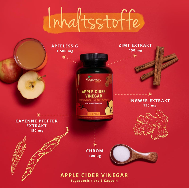 [Australia] - Apple Cider Vinegar Capsules | 1500mg | Vinegar complex + cayenne pepper + ginger | Blood sugar* & metabolism | Apple Cider Vinegar | Laboratory tested & vegan | Vegavero® 