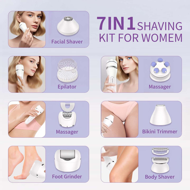 [Australia] - Electric Razors for Women Whole Body: 7 in 1 Hair Removal Kit，Rechargeable Body Shaver - Wet Dry Hair Remover - Trimmer for Lady Face Underarms Public White 