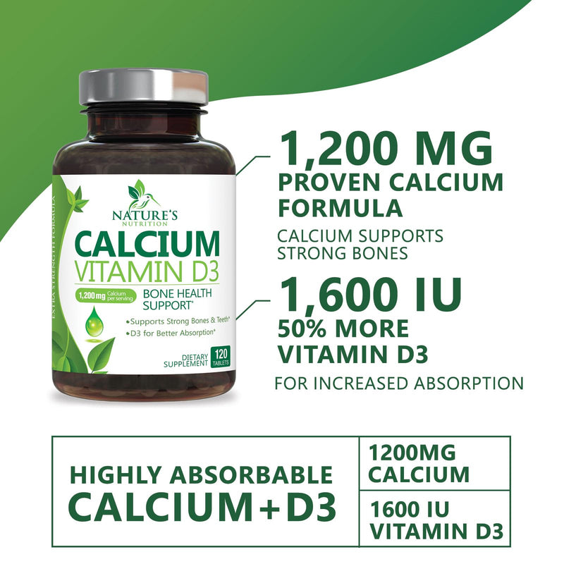 [Australia] - Calcium 1200 mg Plus Vitamin D3, Bone Health & Immune Support - Nature's Calcium Supplement with Extra Strength Vitamin D for Extra Strength Carbonate Absorption Dietary Supplement - 120 Tablets 120 Count (Pack of 1) 