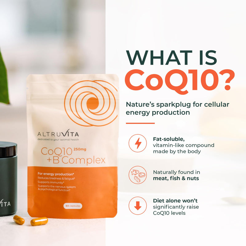 CoQ10 250mg + B Complex - Q10 Coenzyme Ubiquinol with All 9 B Vitamins - High Strength Energy & Heart Support - Evidence-Based Formula for Cellular Health & Vitality, 60 Capsules