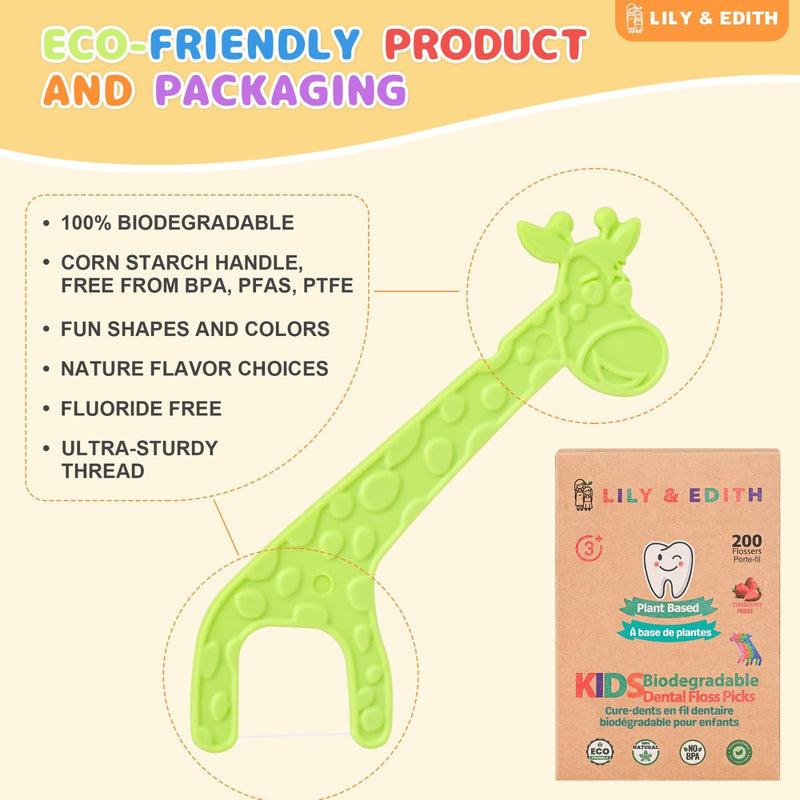 LILY & EDITH Kids Plant Based Dental Floss Picks 200 Counts, Fluoride Free, Corn Starch Material, Chemical Free, Fun Animal Flossing Sticks, Ultra Sturdy Thread, Zero Waste Package (Strawberry) Strawberry