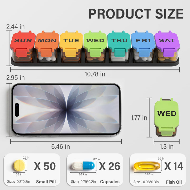 Yaklim Extra Large Weekly Pill Organizer, Detachable 1 Time a Day Pill Box | XXL 7 Detachable Compartments / Easy to Open & Fill / Waterproof Seals / For Big Vitamins & Supplements / Easy Readability Rainbow